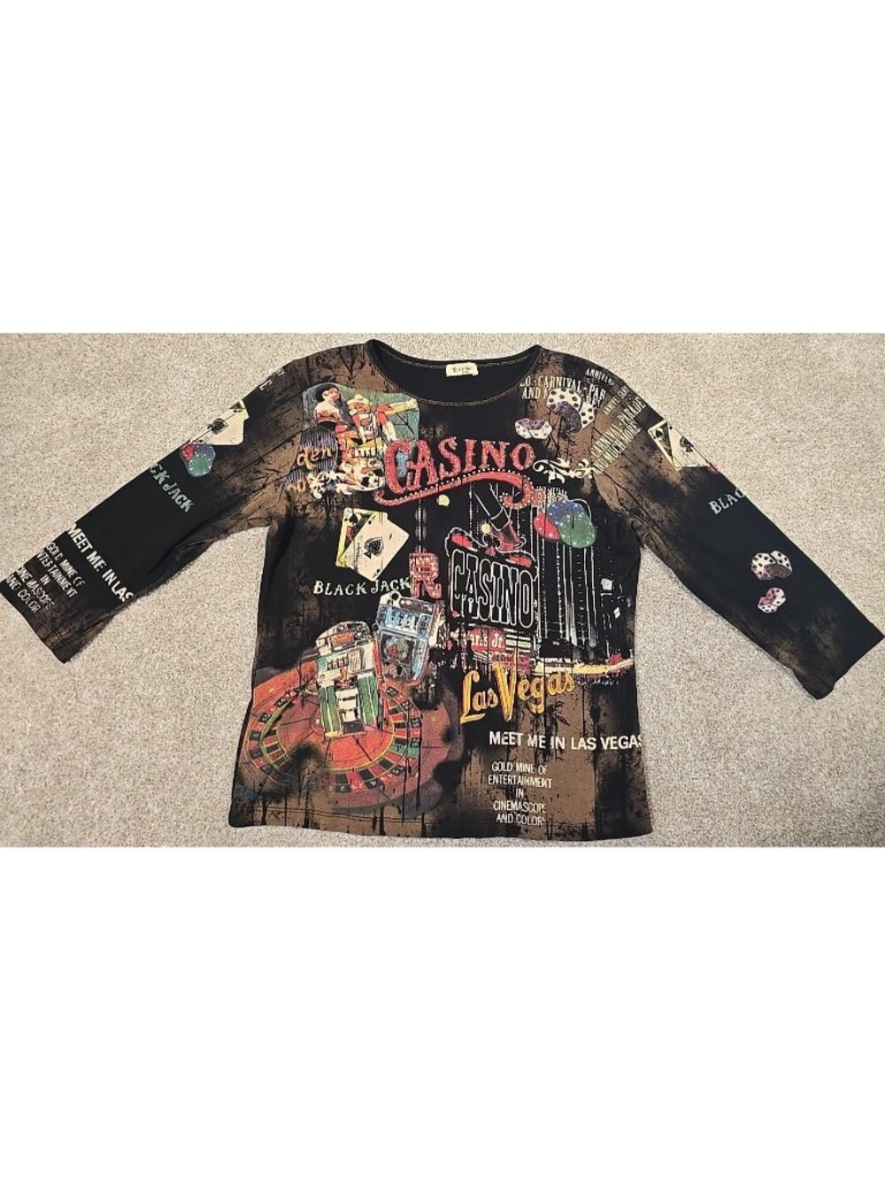 Cactus Vintage Las Vegas Casino 3/4 Sleeve Shirt Rhinestones USA Made Women's L